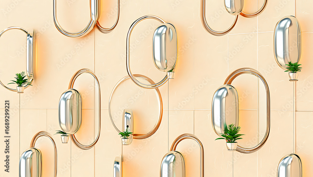 Poster a repeating pattern of oval and rectangular frames with silver metallic accents and small green plan