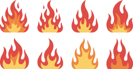 Set of Eight Stylized Red and Yellow Flames on White Background fire heat