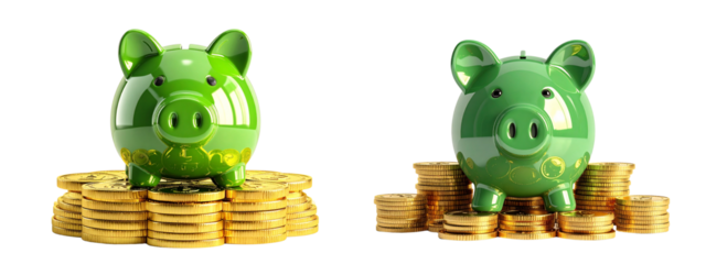 Two Green Piggy Bank Sitting on Stack of Gold Coins, Front View, Transparent Background