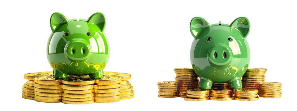 Two Green Piggy Bank Sitting on Stack of Gold Coins, Front View, Transparent Background