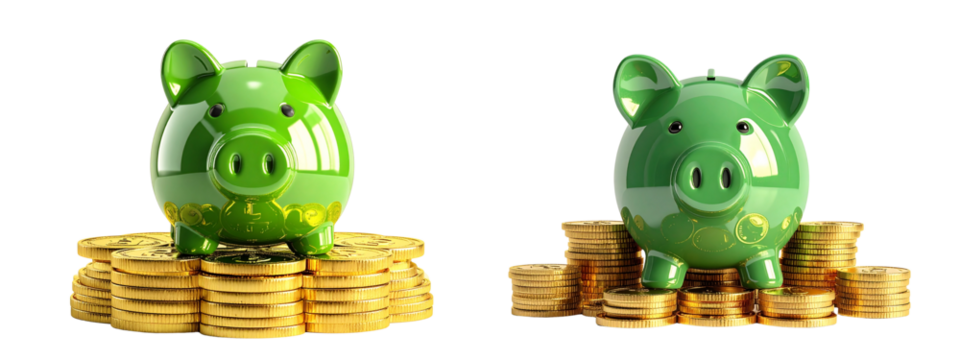 Two Green Piggy Bank Sitting on Stack of Gold Coins, Front View, Transparent Background