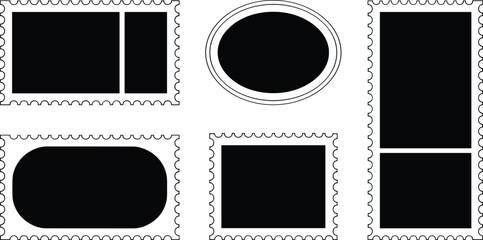 Collection of Blank Postage Stamp Frames and Shapes on White Background Keywords: stamp, postage, frame, border, blank, empty, collection, set, graphic, design, element, isolated, white