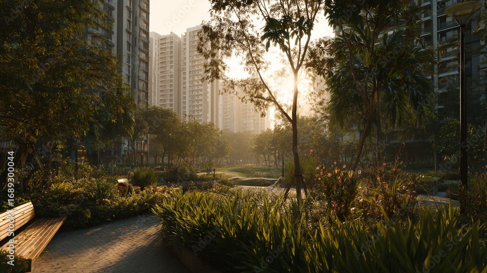 Poster sunlight shining through trees in a park with buildings in the background view