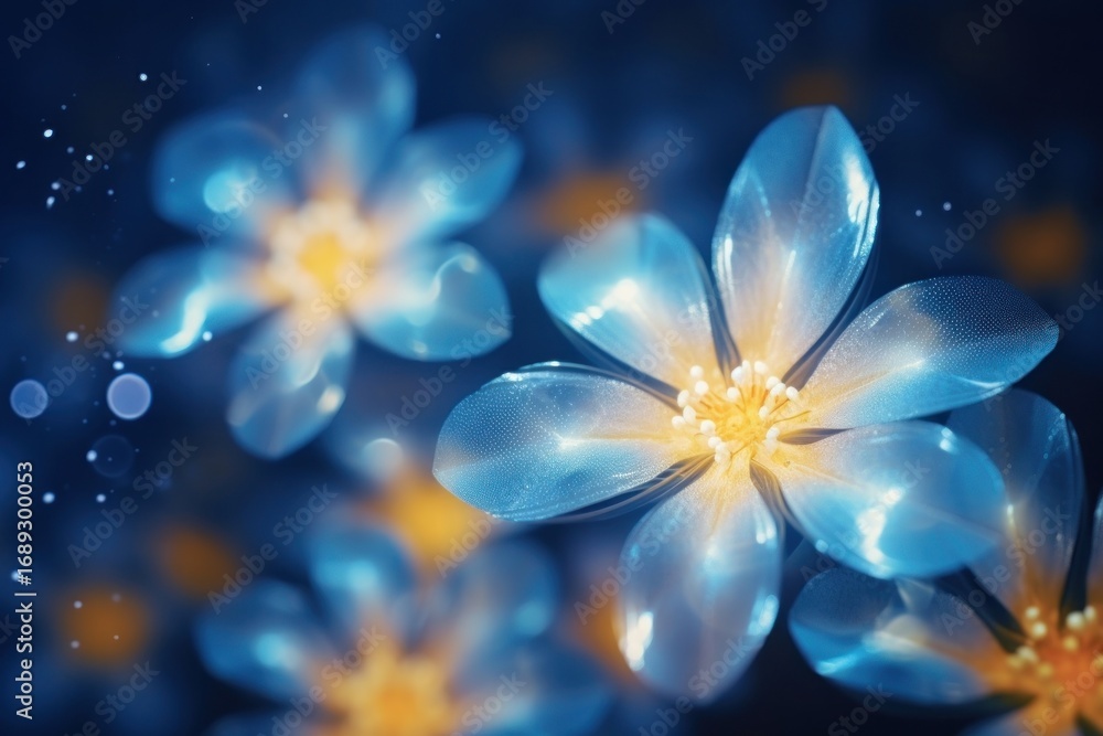 Poster neon yellow and blue light pattern bokeh effect background flower inflorescence forget-me-not.