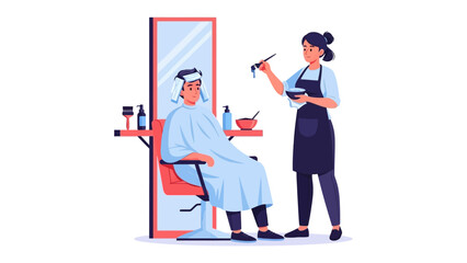 Professional hairstylist applying hair dye to a client sitting in a salon chair with a mirror