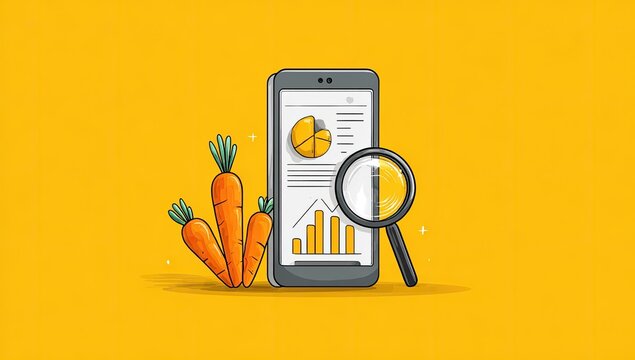 Smartphone with data graphs and carrots on a yellow background