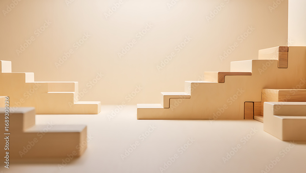 Poster two contrasting beige staircases facing each other, creating a symmetrical composition with depth an