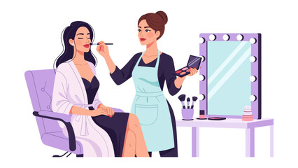 Professional makeup artist applying cosmetics to a client in a beauty salon with a large mirror