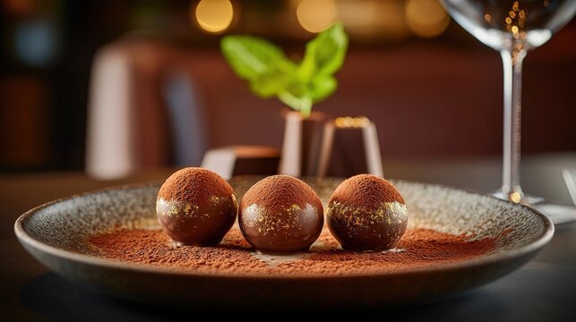 Dark chocolate ganache truffles with golden shimmer on ceramic plate, premium cocoa-dusted dessert spheres with mint garnish, luxury restaurant presentation