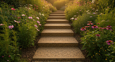 Ascend through a vibrant garden path bathed in warm golden hour light, leading upwards.