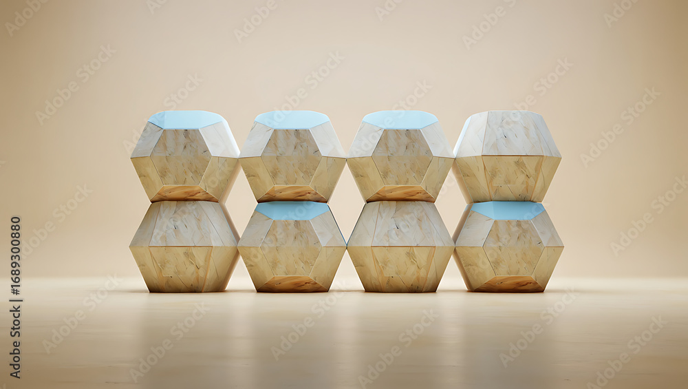 Poster eight geometric wooden objects with blue tops stacked in two rows of four on a light brown surface w