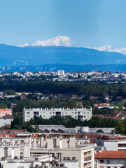 Mont Blanc View from Lyon Skyline, French Alps in the Distance