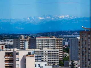 Alps Mountain Range Seen from Lyon Skyline, Urban and Nature Contrast