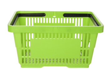 Bright green plastic shopping basket isolated on transparent background