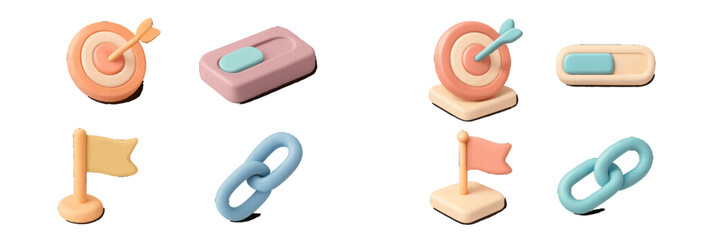3D icon set with target and arrow, toggle switch, flag marker, and chain link for business goals and user interface design