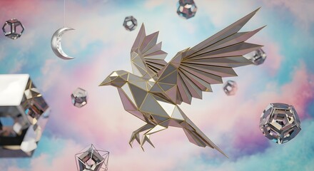 A geometric, low-poly raven with outstretched wings soars through a pastel-colored sky filled with abstract shapes and a crescent moon.