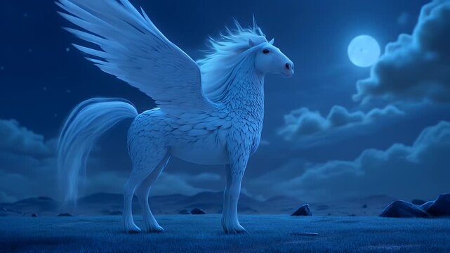 Majestic white pegasus under moonlit sky, suitable for fantasythemed designs, book covers, and inspirational concepts in graphic design.