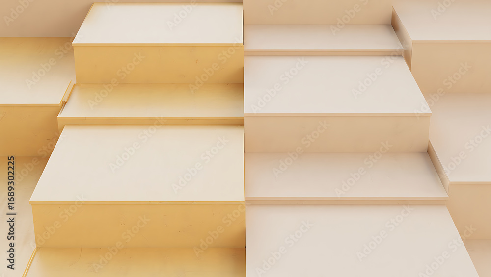 Poster abstract geometric staircase made of light beige blocks, creating a sense of upward movement and arc