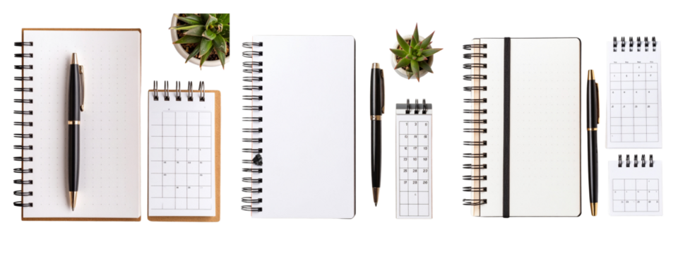 Transparent PNG Flat Lay Office Supplies with Notebook, Pen, and Calendar,