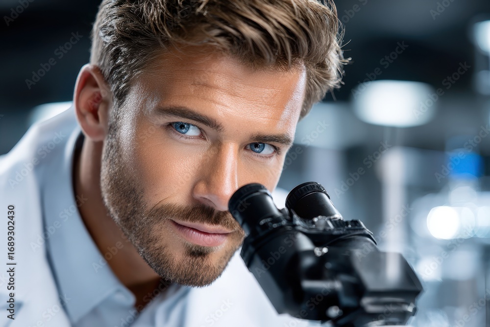 Poster scientist examines samples through microscope in modern laboratory setting