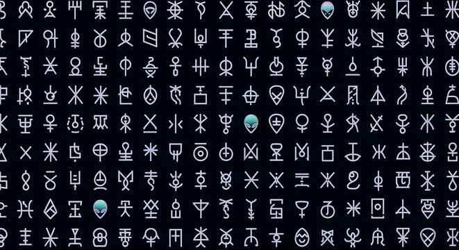 Display showing a grid of various symbols and glyphs with some alien icons scattered throughout it