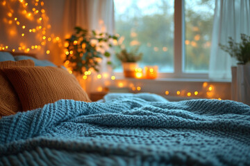 Fluffy white blanket on a neatly made bed, with a window in the background.