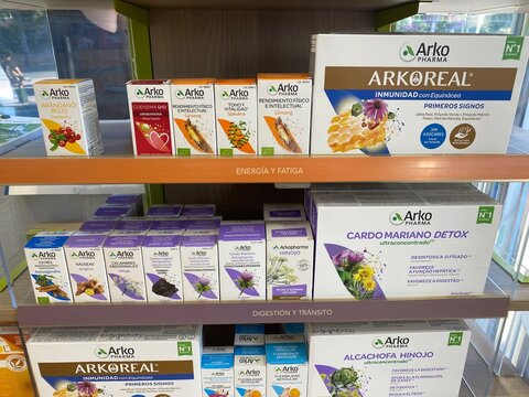 Palmanova, Spain - September 05, 2025: Arko Pharma herbal products displayed on shelves in a bright store, showcasing various health supplements for energy and digestion