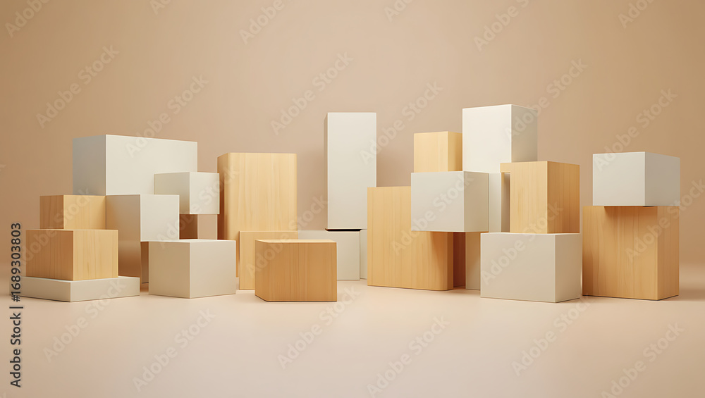 Poster a collection of wooden and creamcolored blocks arranged in a cityscape or abstract composition again