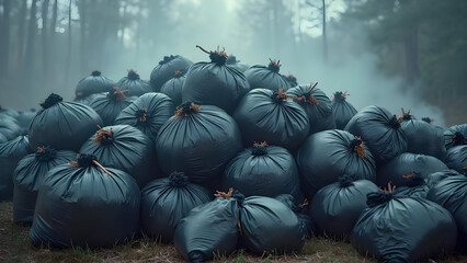 Heap of garbage bags overflowing and emitting foul smell