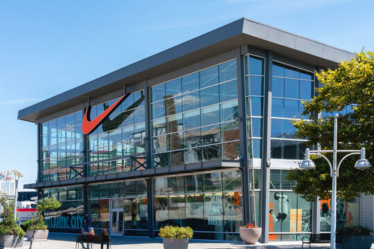 Atlantic City, NJ - Aug 26, 2025: Wide view of Nike is a multinational corporation, that designs, markets, and sells athletic footwear, apparel, equipment, and accessories, founded in 1964