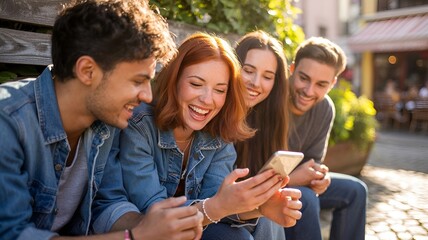 Fototapeta premium Group of friends share a moment watching cell phone content.