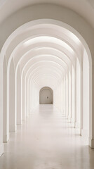 Obraz premium Minimalist white arched hallway with repeating columns and soft lighting.
