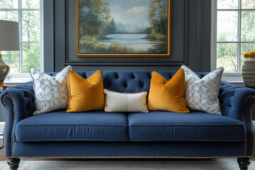 Blue couch with yellow pillows, painting on wall.