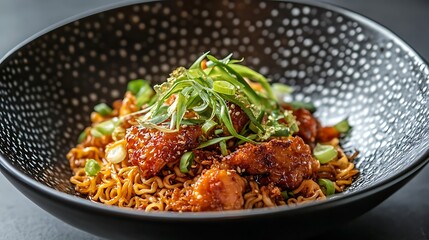 Instant noodles with fried chicken and green onions
