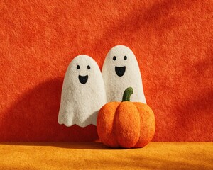Ghosts with smiling pumpkin on orange background