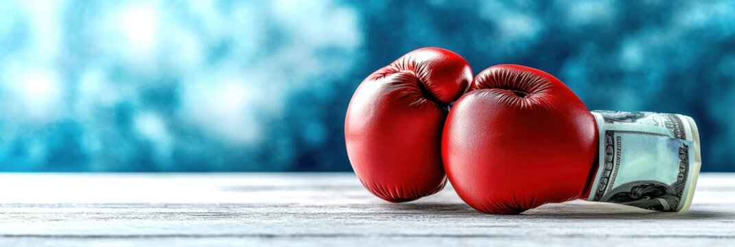 Red boxing gloves resting on a roll of cash symbolizing money in sports, financial success in boxing, and the interplay of sport and wealth in competitive environments - Powered by Adobe