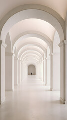 Fototapeta premium Minimalist white arched hallway with repeating columns and soft lighting.
