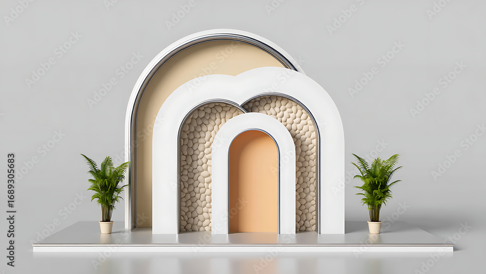 Poster modern architectural archway with organic elements and potted plants, creating a serene and inviting