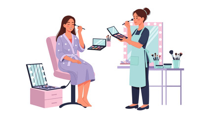 Professional makeup artist applying cosmetics to a client in a well lit studio with beauty tools and equipment