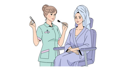 Professional makeup artist applying cosmetics to a client in a spa setting with towel wrapped hair
