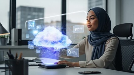 Futuristic workspace concept, woman in hijab interacts with cloud based digital interface - Powered by Adobe