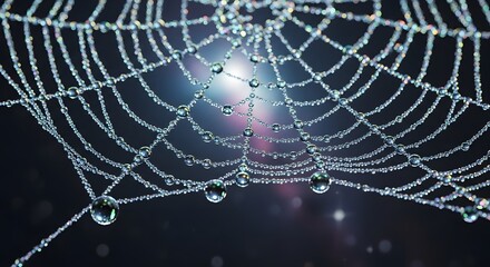 Fototapeta premium An intricate spiderweb glistens with sparkling dew drops against a dark, cosmic background.