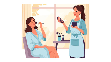 A professional makeup artist applies cosmetics to a client in a bright airy salon setting