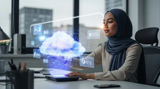 Futuristic workspace concept, woman in hijab interacts with cloud based digital interface - Powered by Adobe