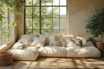 Large white couch with pillows in front of window.