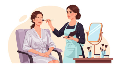 Professional makeup artist applying foundation to a client in a salon setting with beauty tools