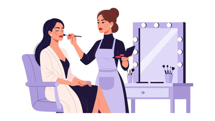 Professional makeup artist applying cosmetics to a client in a well lit studio with a vanity mirror