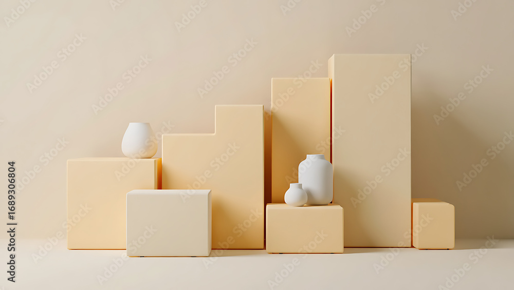 Fototapete minimalist 3d rendering of a stepped display platform with geometric blocks and ceramic vases in sof