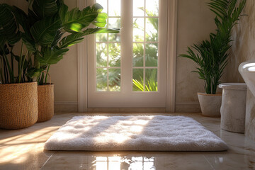 Bathtub filled with bubbles, a lush plant by the window.