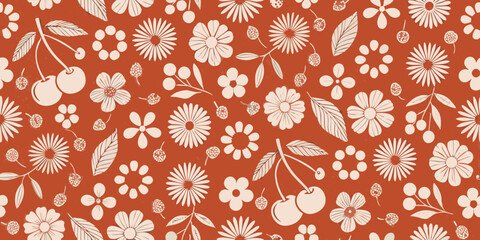 Charming retro floral and cherry pattern on terracotta background